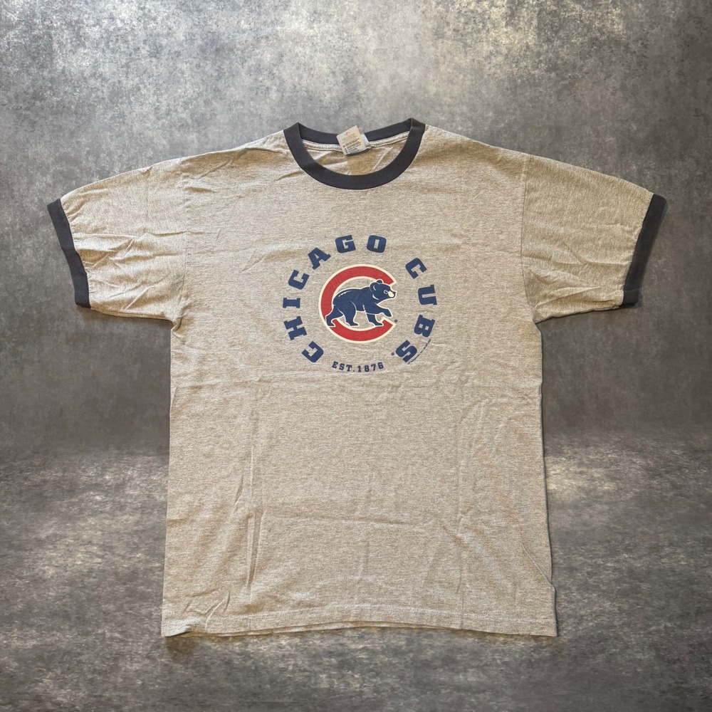 Vintage 2009 Chicago Cubs Ringer Shirt Mens Large Gray Navy Blue Graphic MLB Tee